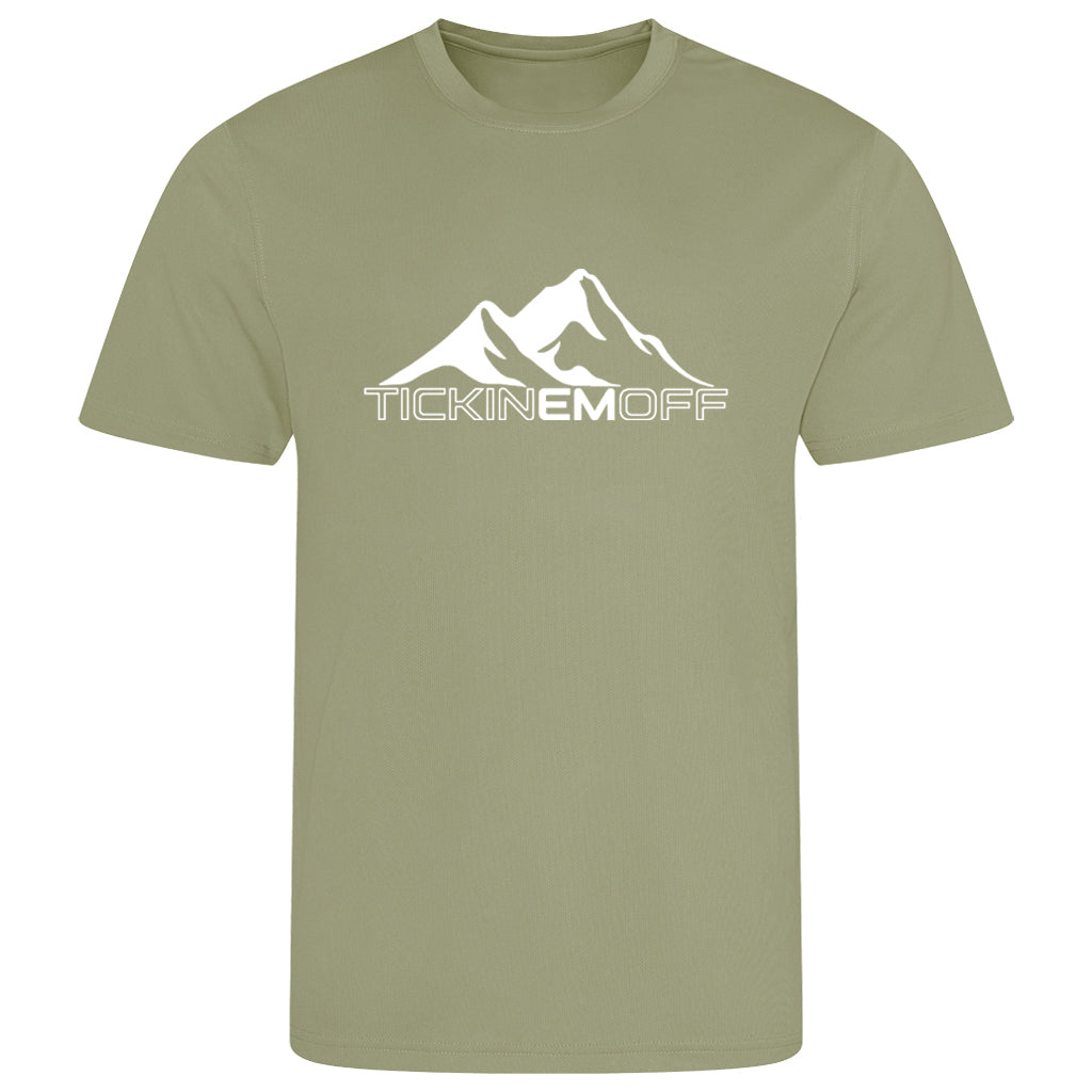 TickinEmOff Men's Tshirt MOISTURE WICKING (Large Logo)