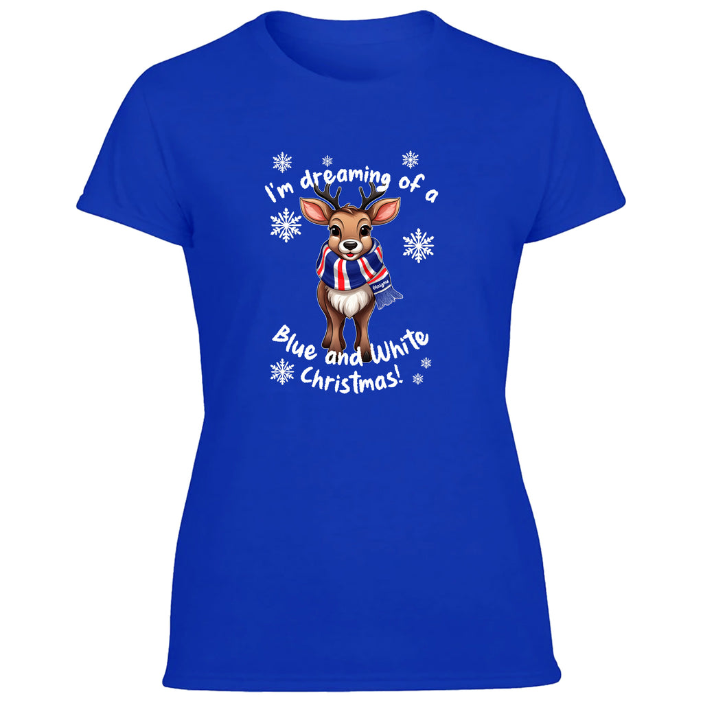 Glasgow Blue & White Christmas Reindeer Women's Tshirt
