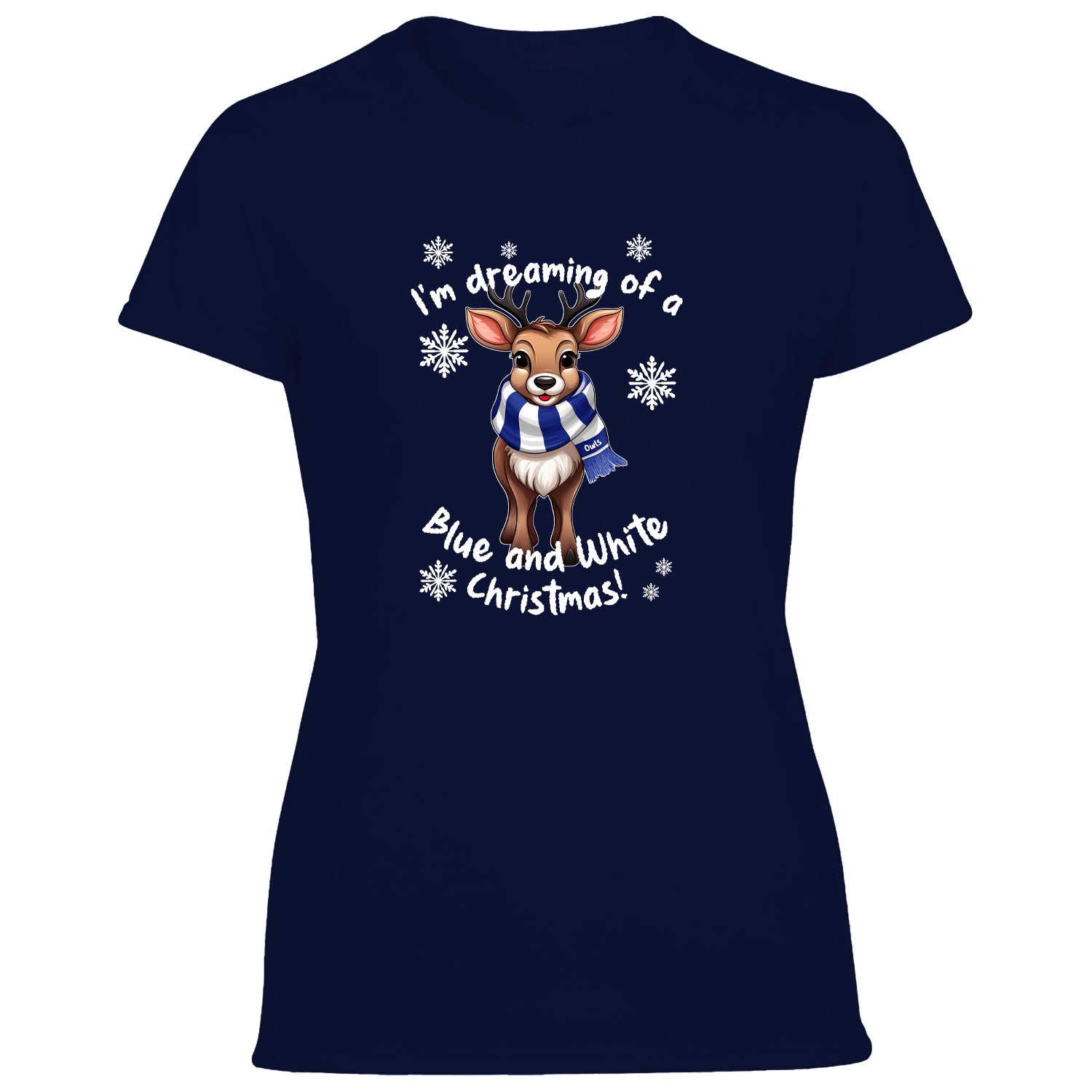 Owls Blue & White Christmas Reindeer Women's Tshirt