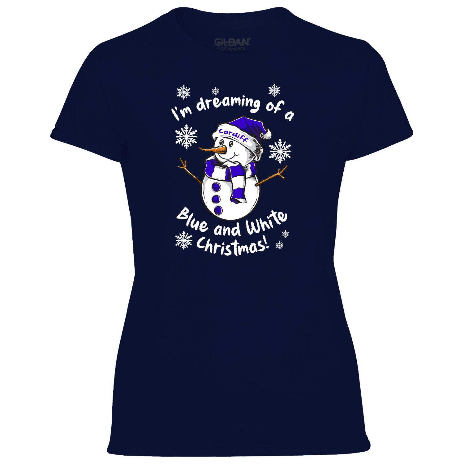 Cardiff Blue & White Christmas Snowman Women's Tshirt