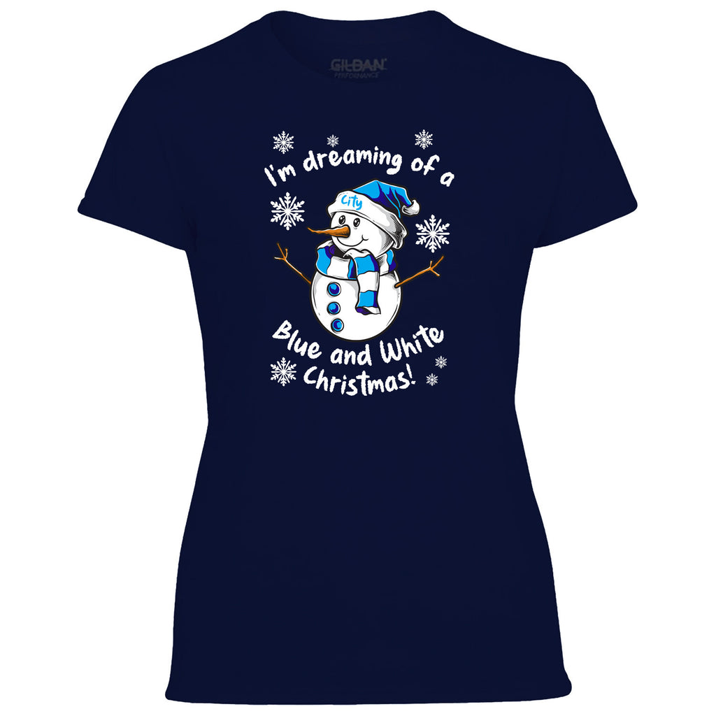 City Blue & White Christmas Snowman Women's Tshirt