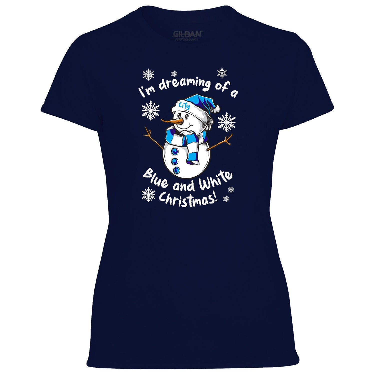 City Blue & White Christmas Snowman Women's Tshirt