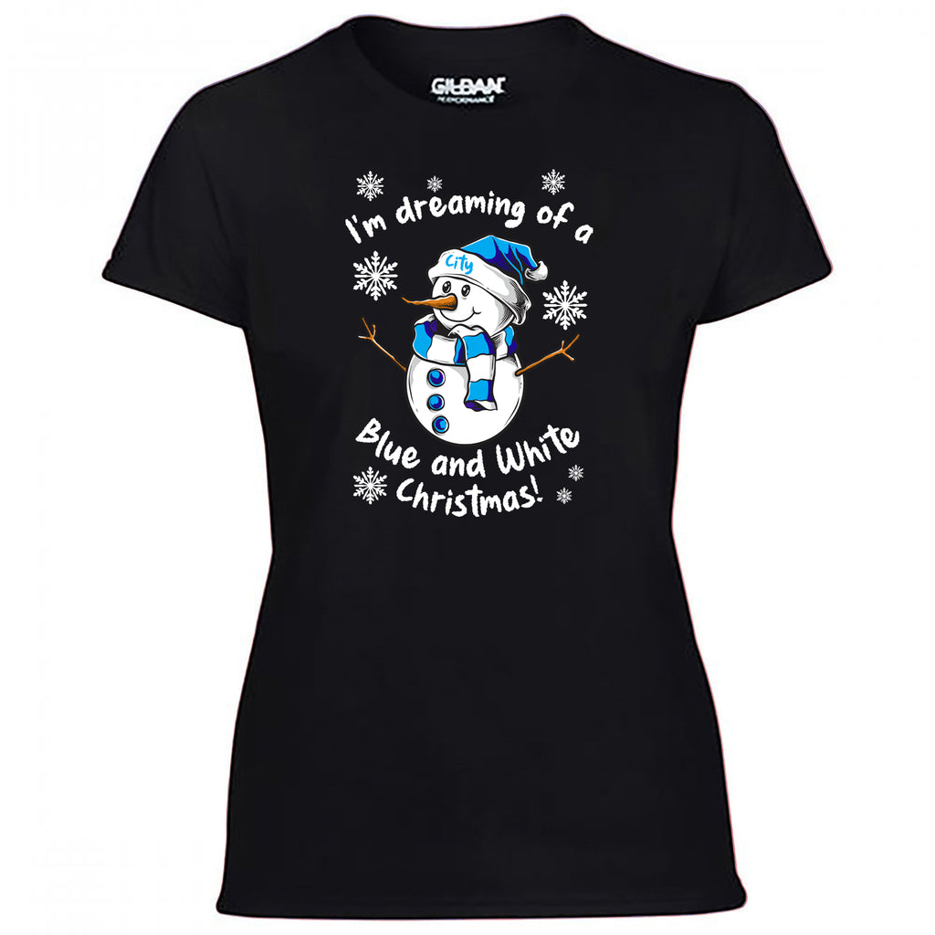 City Blue & White Christmas Snowman Women's Tshirt