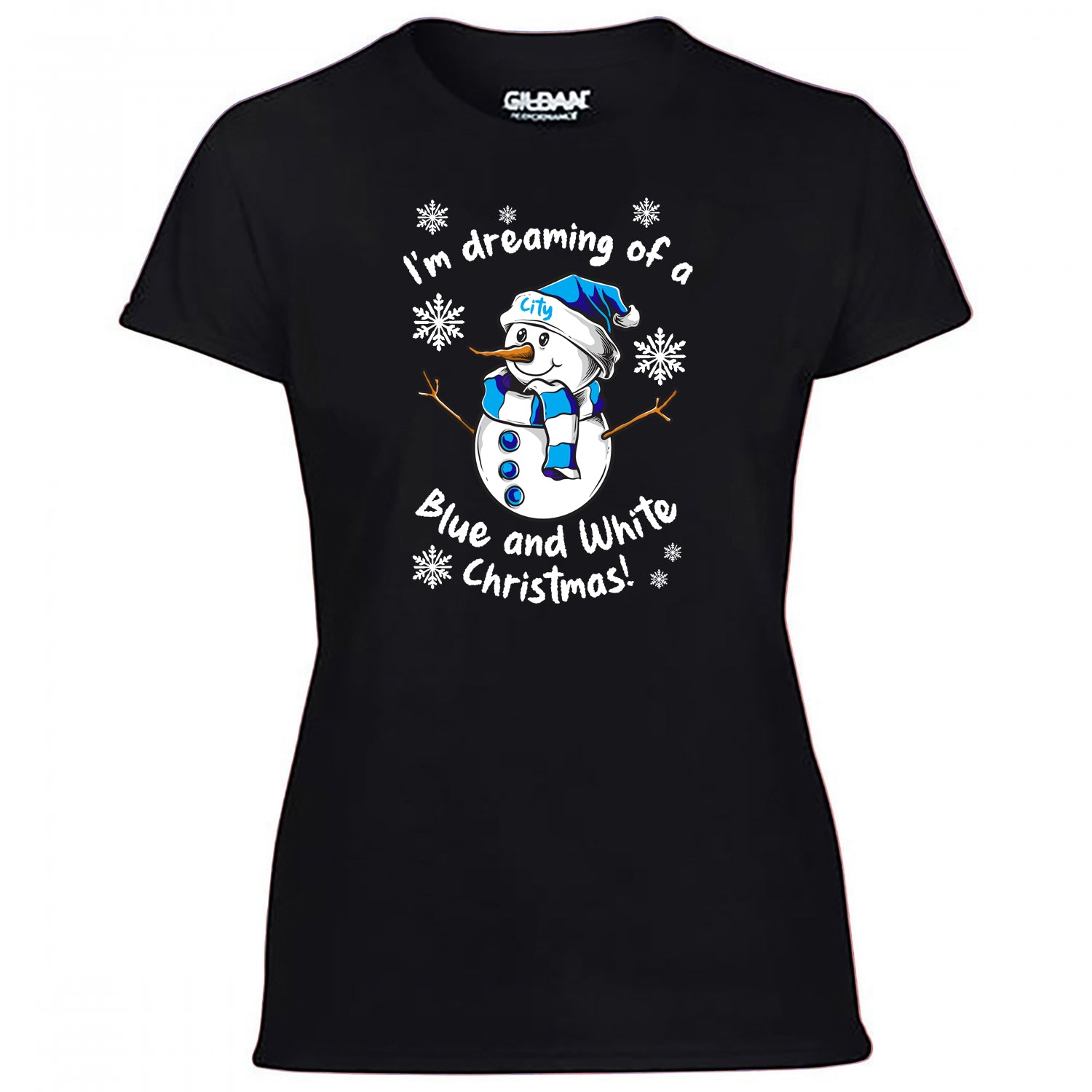 City Blue & White Christmas Snowman Women's Tshirt