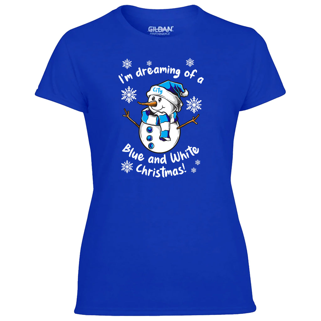 City Blue & White Christmas Snowman Women's Tshirt