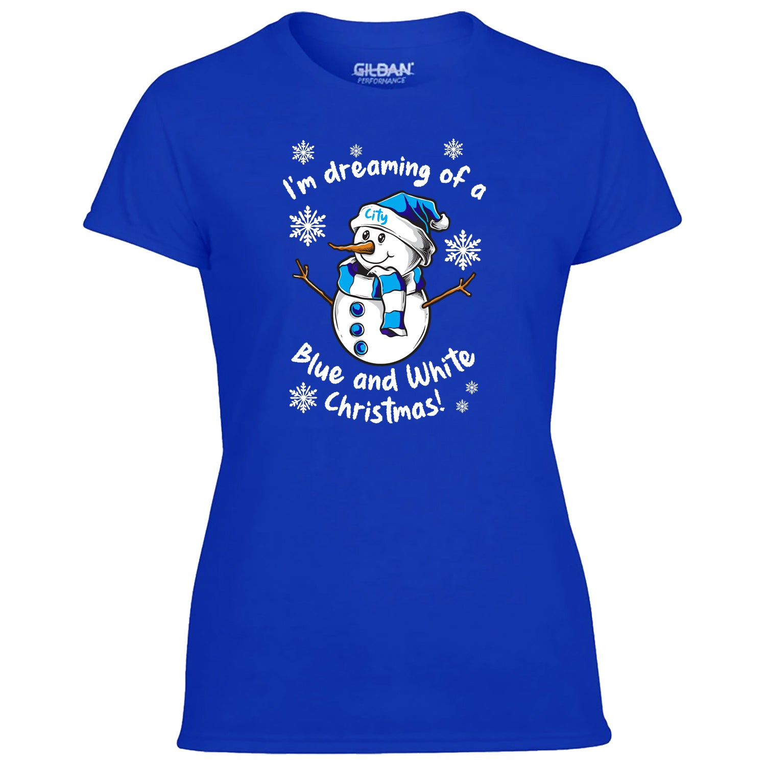 City Blue & White Christmas Snowman Women's Tshirt