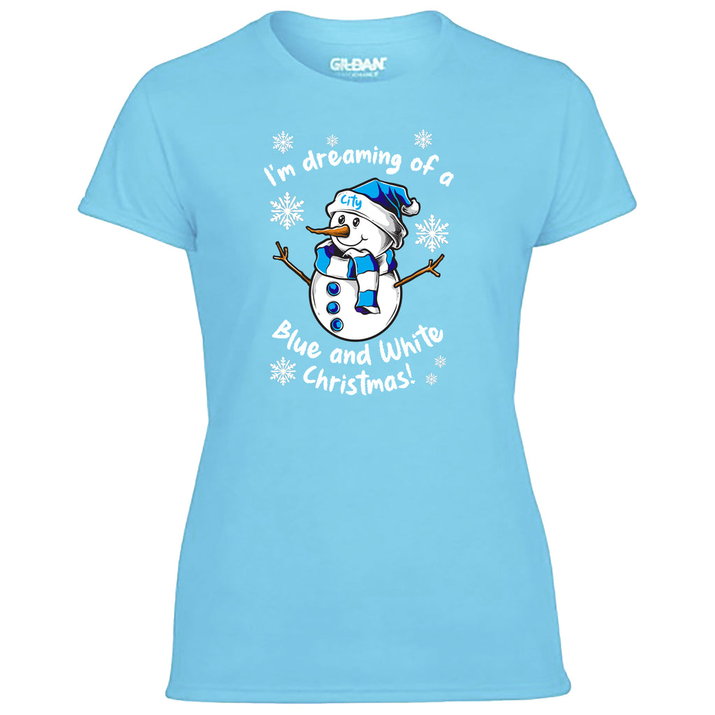 City Blue & White Christmas Snowman Women's Tshirt