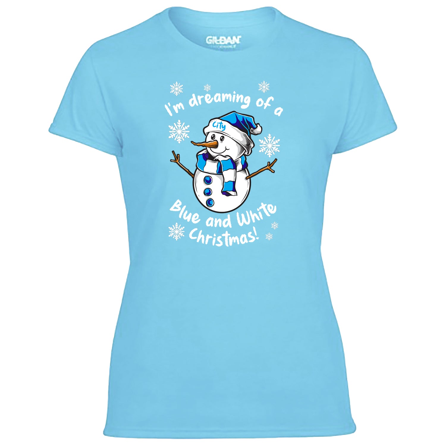City Blue & White Christmas Snowman Women's Tshirt