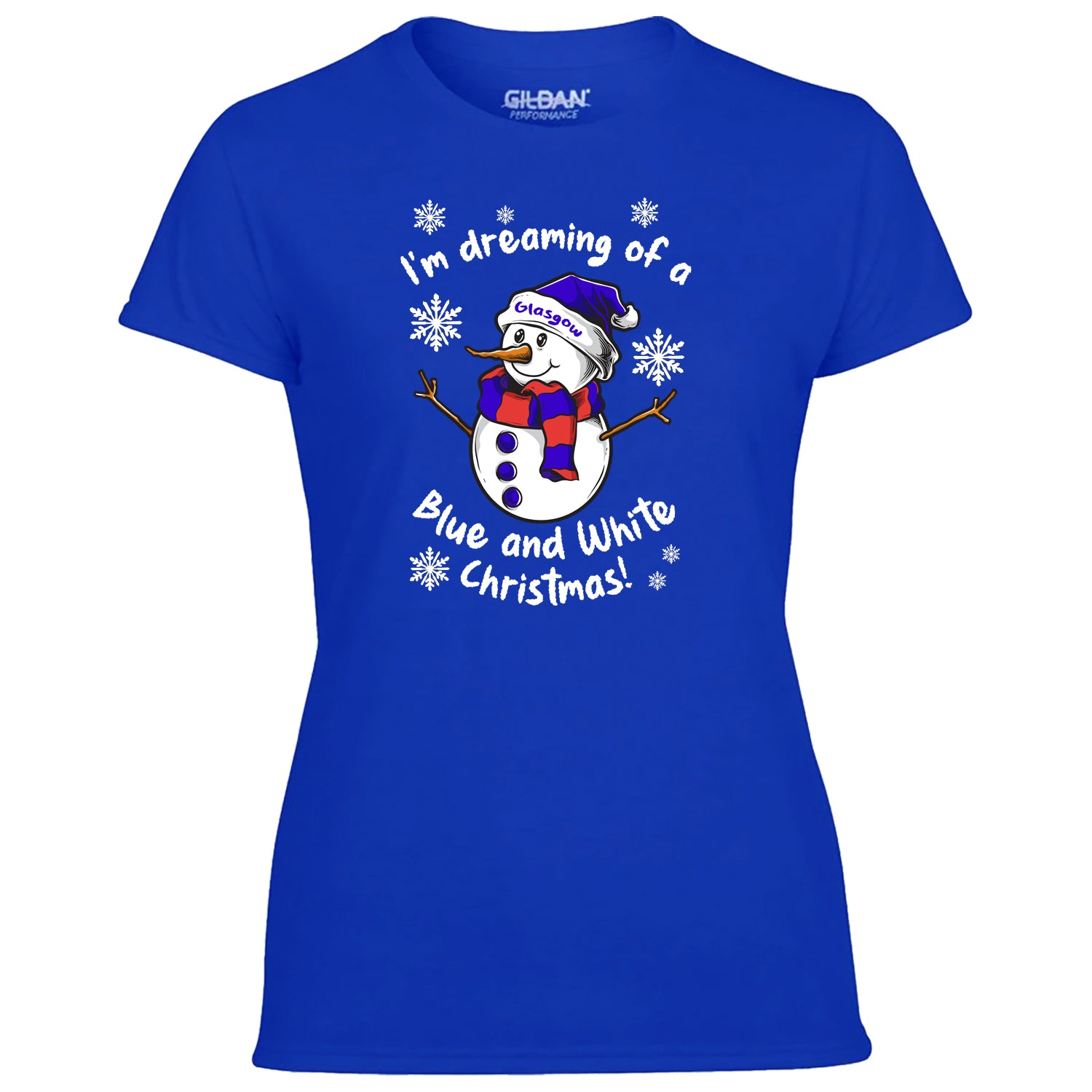 Glasgow Blue & White Christmas Snowman Women's Tshirt