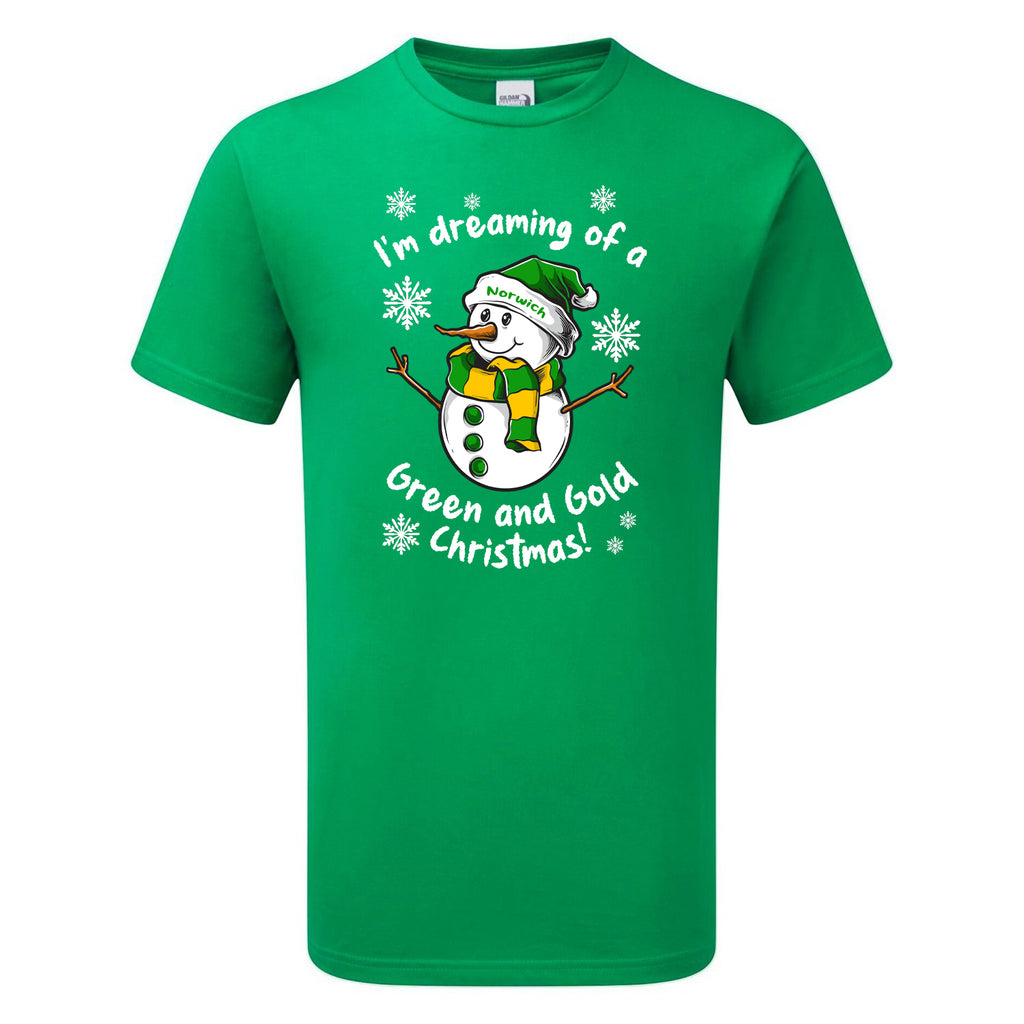 Norwich Green & Gold Christmas Snowman Children's Tshirt