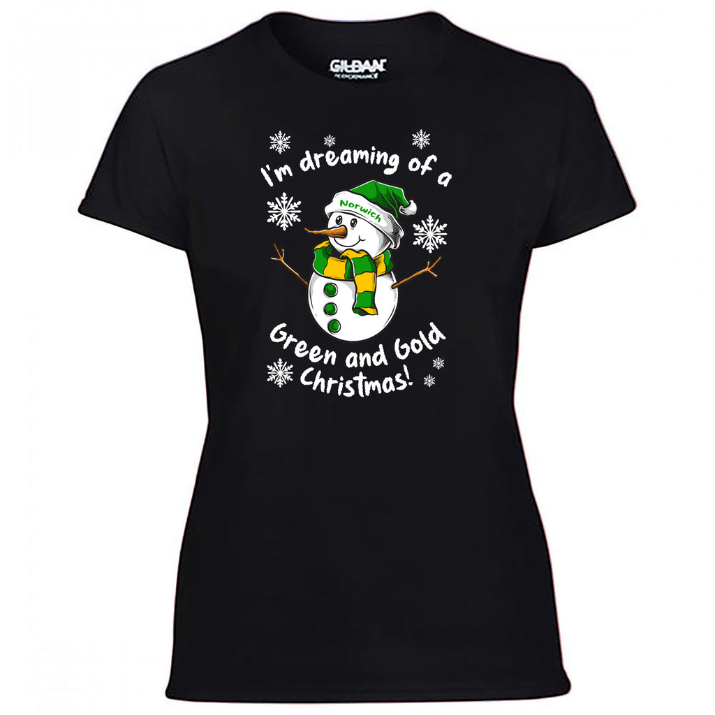 Norwich Green & Gold Christmas Snowman Women's Tshirt