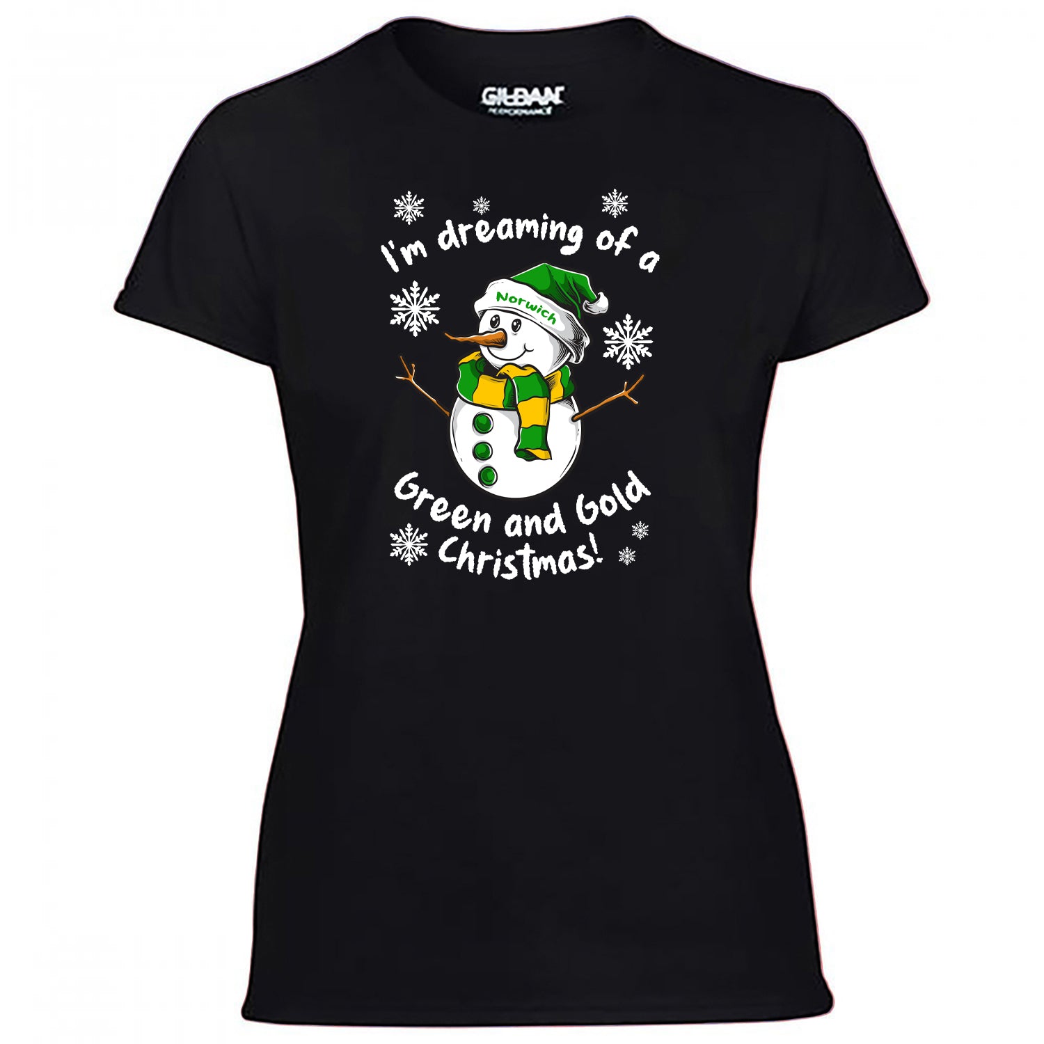 Norwich Green & Gold Christmas Snowman Women's Tshirt