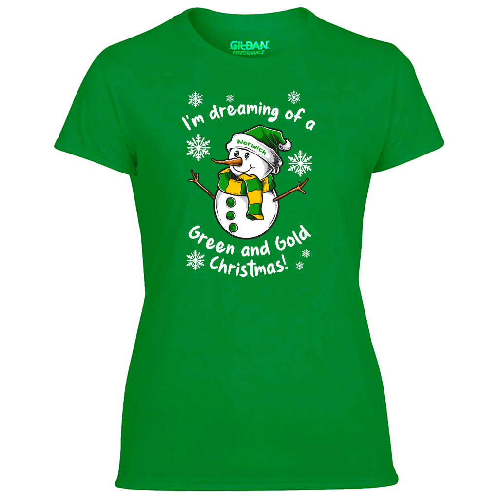 Norwich Green & Gold Christmas Snowman Women's Tshirt