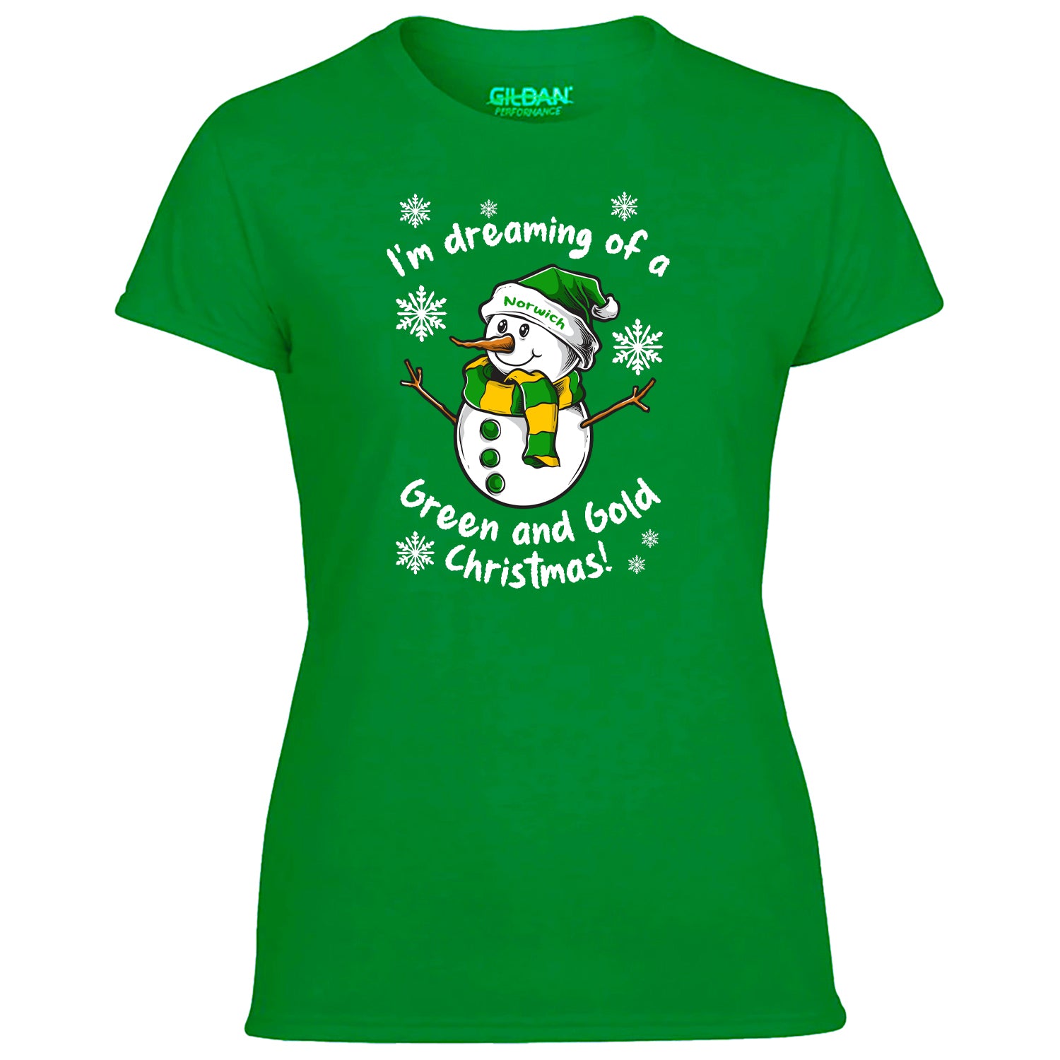 Norwich Green & Gold Christmas Snowman Women's Tshirt