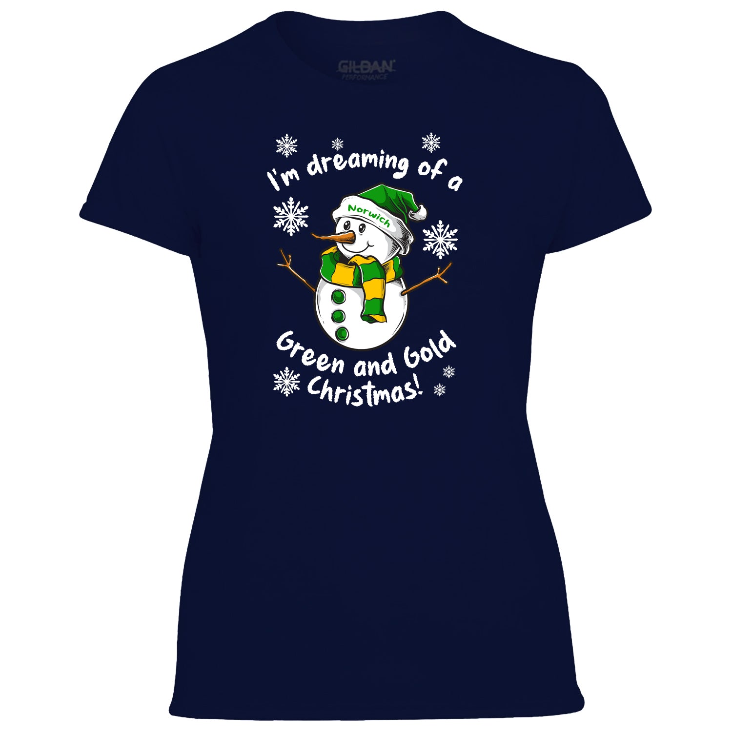 Norwich Green & Gold Christmas Snowman Women's Tshirt