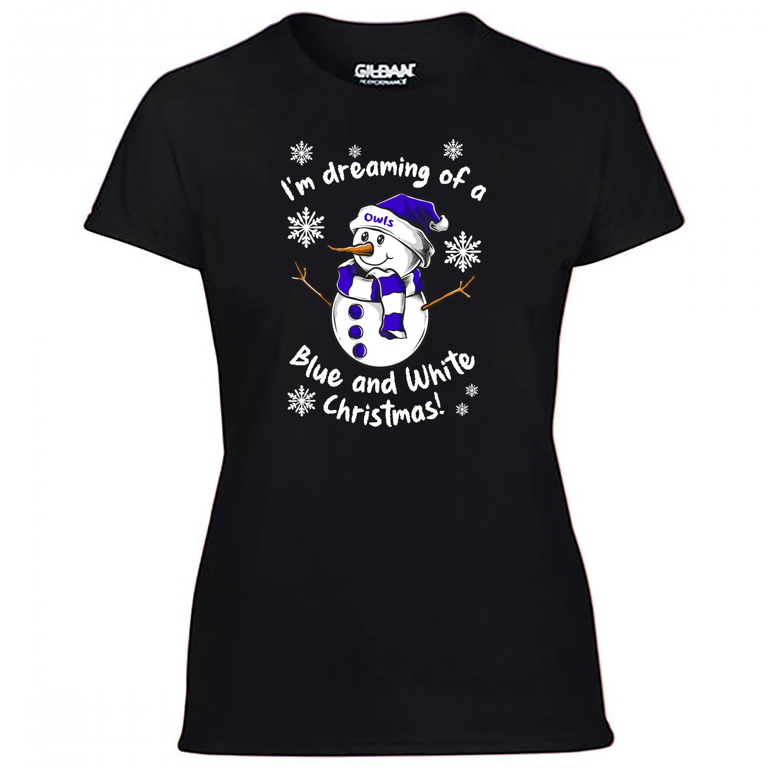 Owls Blue & White Christmas Snowman Women's Tshirt