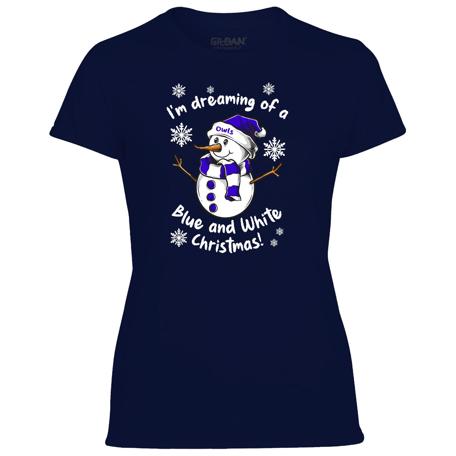 Owls Blue & White Christmas Snowman Women's Tshirt