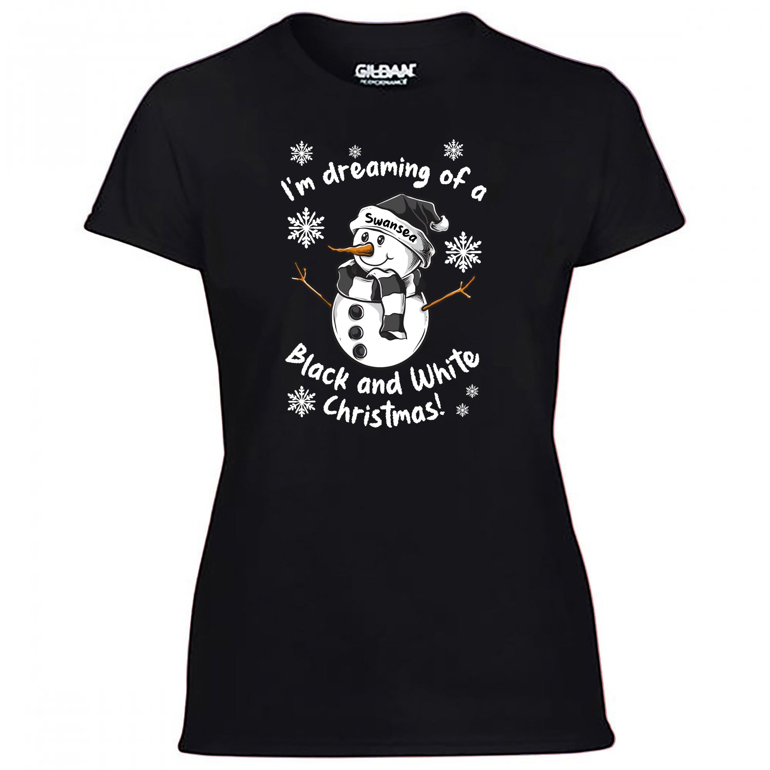 Swansea Black & White Christmas Snowman Women's Tshirt